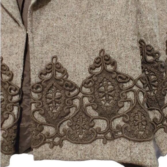 Karen Kane Lifestyle Wool Silk Crop Blazer Embroidered Lace Trim Brown Womens 6 - Picture 3 of 7